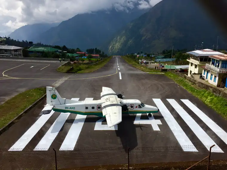 A small plane on the runway at Lukla airport