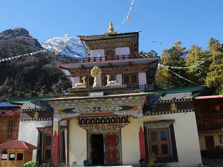 A painted Buddhist monastery in a mountain village