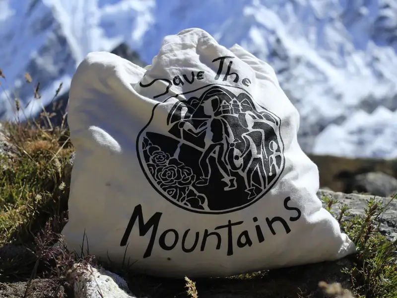 A Save the Mountains bag resting on a rock, snow peaks behind